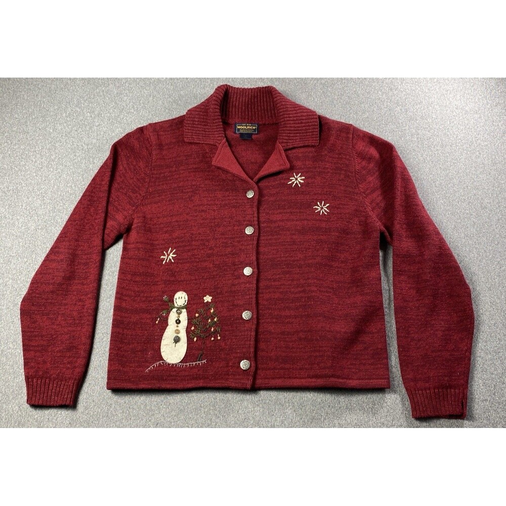 Vintage Woolrich Snowman Cardigan Sweater Christmas Ruby Red Ramie/cotton Sz  M